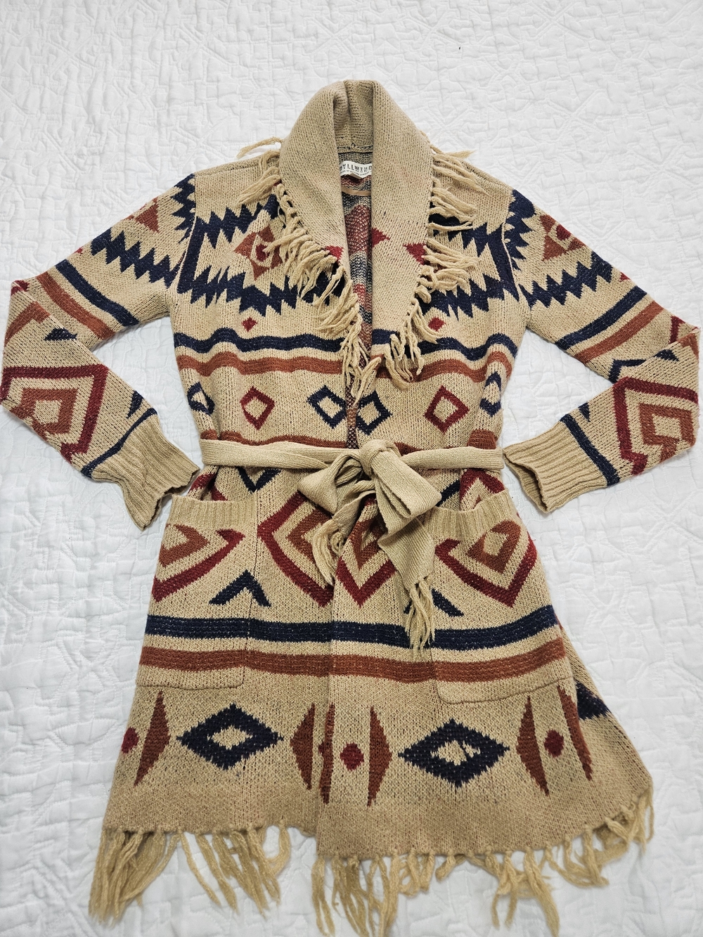 Idyllwind Tan/Red/Navy Fringed Aztec Belted Cardigan